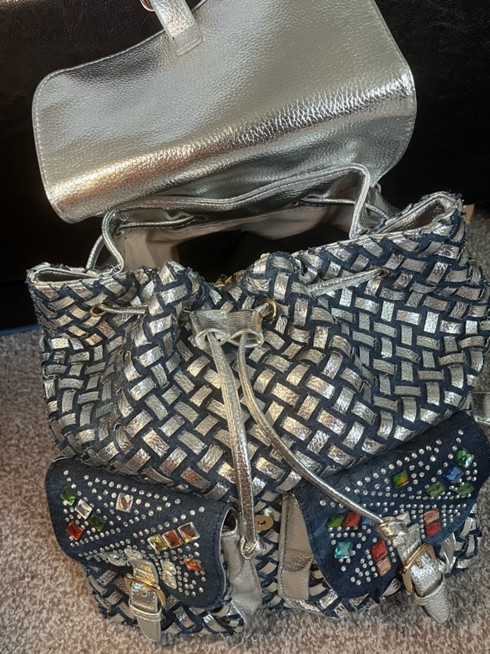 Studded Navy Multicolor Embellished Women’s Backpack - Picture 4 of 6